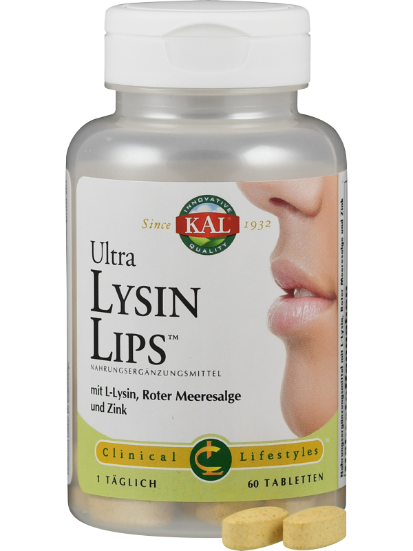 Das Bild zeigt eine Plastikflasche mit einem weißen Deckel, die Nahrungsergänzungsmittel enthält. Auf dem Etikett steht 'Ultra Lysin Lips' von der Marke KAL. Es sind 60 Tabletten enthalten, die mit L-Lysin, roter Meeresalge und Zink angereichert sind. Neben der Flasche sind zwei gelbliche Tabletten zu sehen. Ein Teil eines Gesichts ist auf dem Etikett abgebildet.