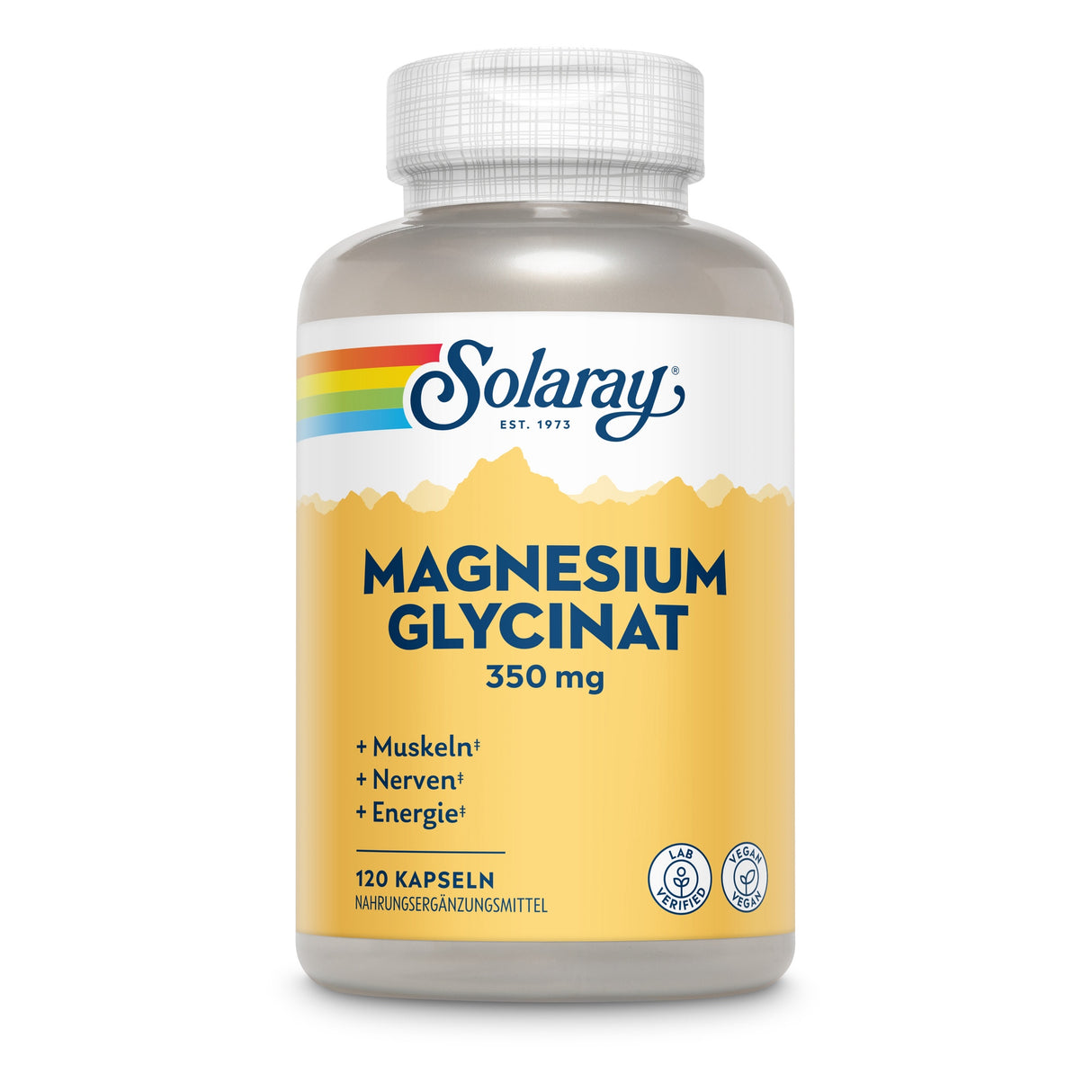 Eine Plastikflasche mit dem Etikett 'Solaray Magnesium Glycinat 350 mg'. Das Etikett ist gelb mit einem Regenbogenstreifen oben. Auf dem Etikett steht: '+ Muskeln + Nerven + Energie' und '120 Kapseln'. Es gibt Symbole für 'Lab Verified' und 'Vegan'.