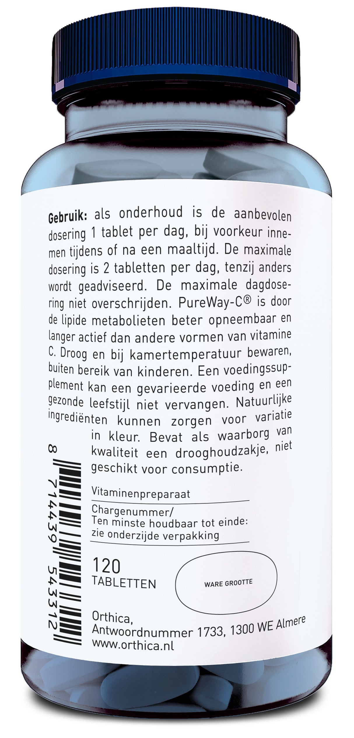 Das Bild zeigt eine Flasche mit Nahrungsergänzungsmitteln von Orthica. Die Flasche hat einen blauen Deckel und ein weißes Etikett mit Text in niederländischer Sprache. Die Hauptinformationen auf dem Etikett umfassen die Verwendungshinweise für das Produkt, das als Vitaminenpräparat beschrieben wird. Es wird empfohlen, 1 Tablette pro Tag einzunehmen, vorzugsweise zu einer Mahlzeit. Das Etikett enthält auch einen Barcode, die Anzahl der Tabletten (120) und die Adresse des Herstellers in Almere, Niederlande.