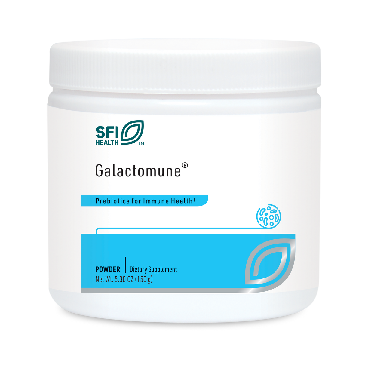 Das Bild zeigt ein weißes Plastikbehältnis mit Schraubverschluss, auf dem "SFI Health Galactomune" steht. Es ist ein Nahrungsergänzungsmittel in Pulverform mit dem Hinweis "Prebiotics for Immune Health". Das Design ist schlicht mit blauen Akzenten.
