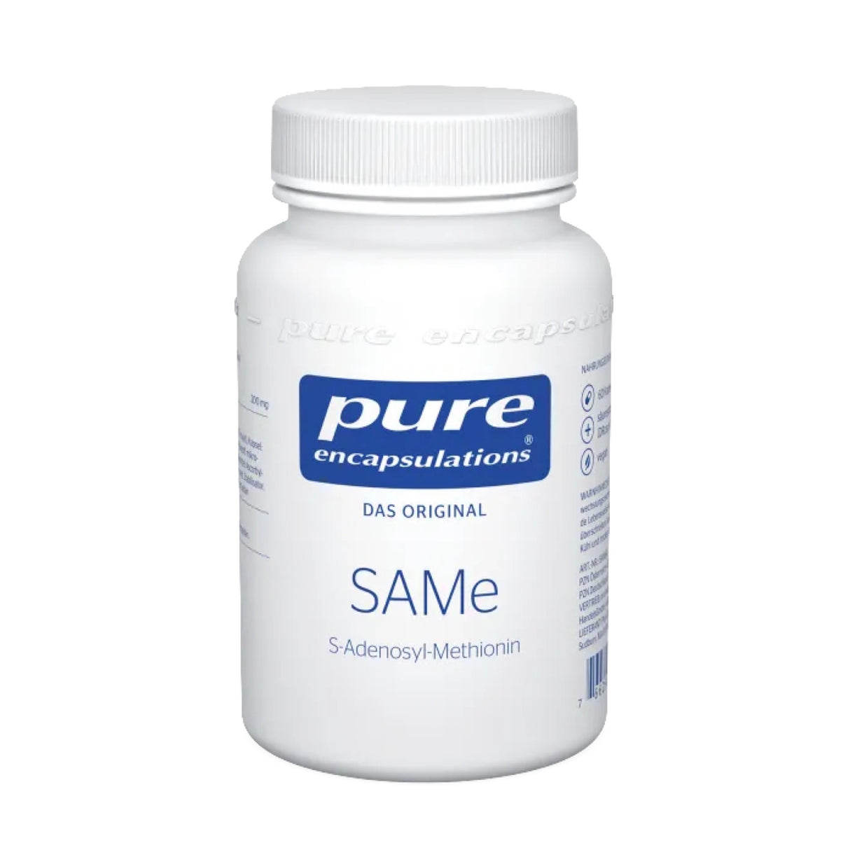 Ein weißer Behälter mit der Aufschrift "pure encapsulations" und "SAMe S-Adenosyl-Methionin". Der Behälter hat einen weißen Schraubverschluss und enthält Nahrungsergänzungsmittel. Das Produkt ist auf einem neutralen Hintergrund abgebildet.