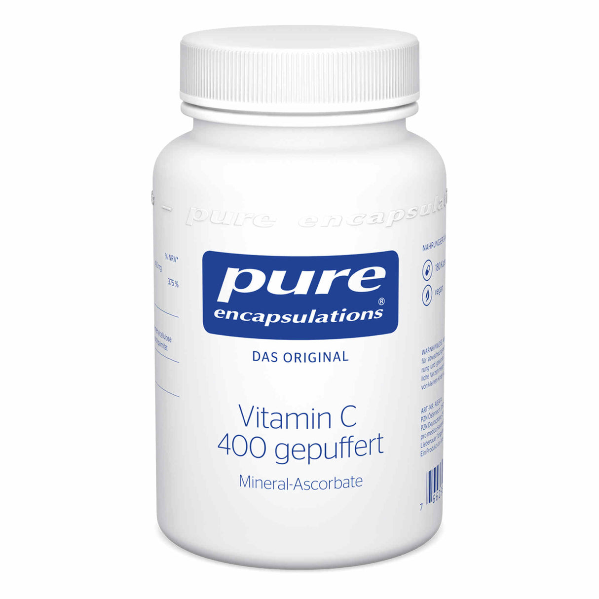 Das Bild zeigt eine weiße Plastikflasche mit einem Schraubverschluss. Auf dem Etikett steht 'pure encapsulations DAS ORIGINAL Vitamin C 400 gepuffert Mineral-Ascorbate'. Die Flasche ist in einem schlichten, modernen Design gehalten.