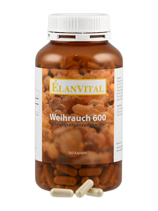 Braunes Fläschchen mit weißem Deckel, beschriftet mit 'ÉLANVITAL Weihrauch 600 Nahrungsergänzungsmittel'. Enthält 360 Kapseln.