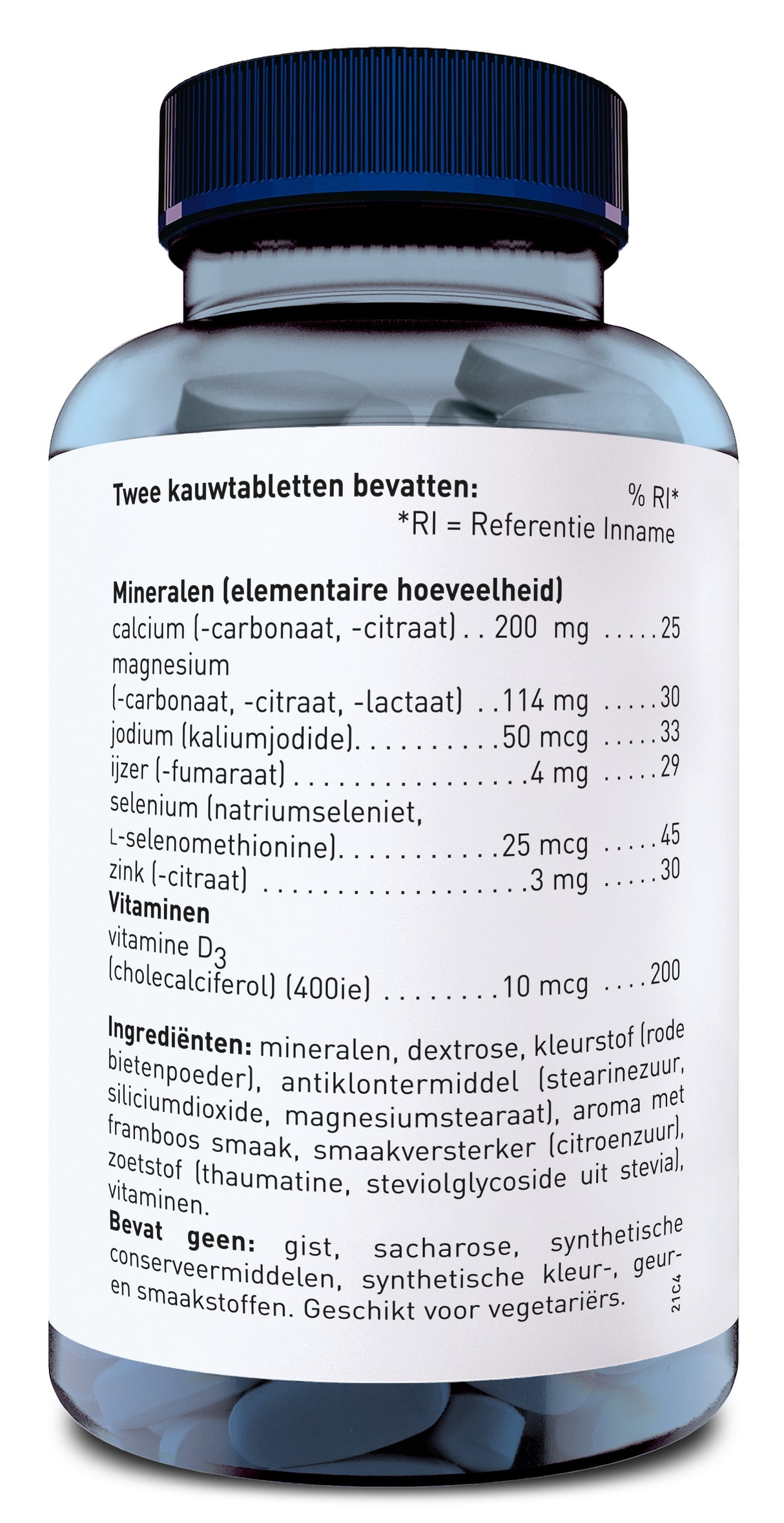 Eine Flasche mit blauer Kappe, die Informationen über die Inhaltsstoffe von Kautabletten enthält. Die Etikette listet Mineralien und Vitamine auf, darunter Calcium, Magnesium, Jod, Eisen, Selen, Zink und Vitamin D3. Die Flasche ist für Vegetarier geeignet und enthält keine synthetischen Farb- oder Konservierungsstoffe.