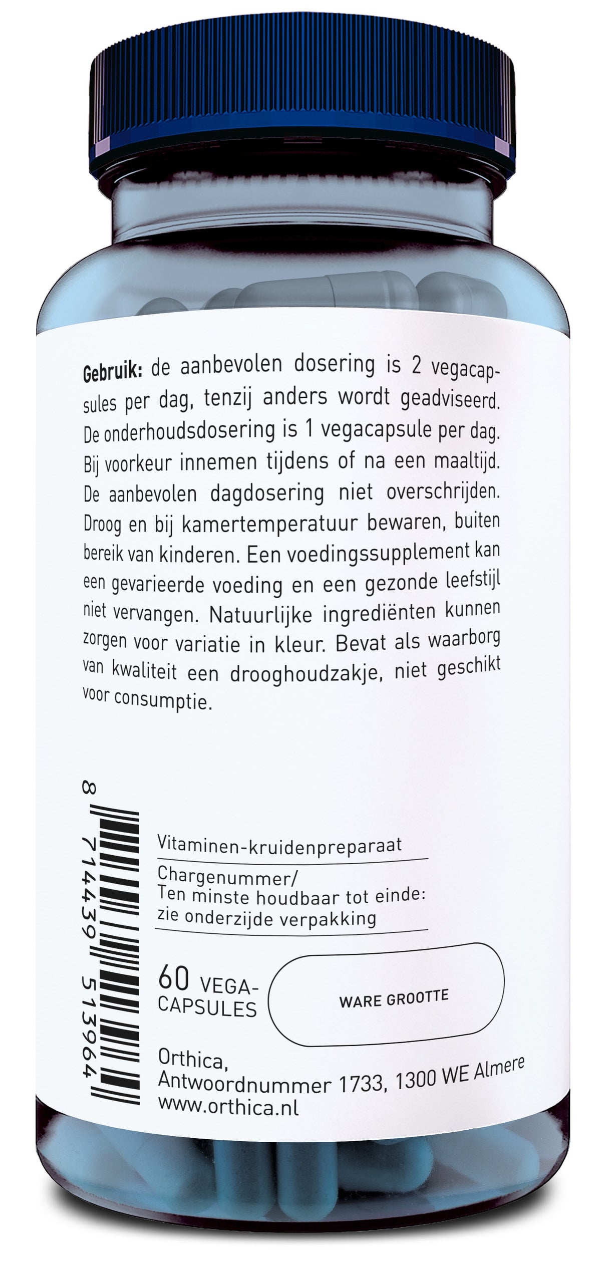 Das Bild zeigt eine Flasche mit einem blauen Deckel, die 60 Vegacapsules von Orthica enthält. Die Flasche hat ein Etikett mit Dosierungsanweisungen und Herstellerinformationen in niederländischer Sprache. Der Barcode und die Adresse in Almere, Niederlande, sind ebenfalls sichtbar.