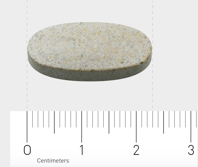Eine ovale, graue Tablette liegt auf einer weißen Oberfläche. Darunter befindet sich ein Lineal mit Zentimeter-Markierungen, das die Länge der Tablette anzeigt. Die Tablette ist etwa 2,5 cm lang.