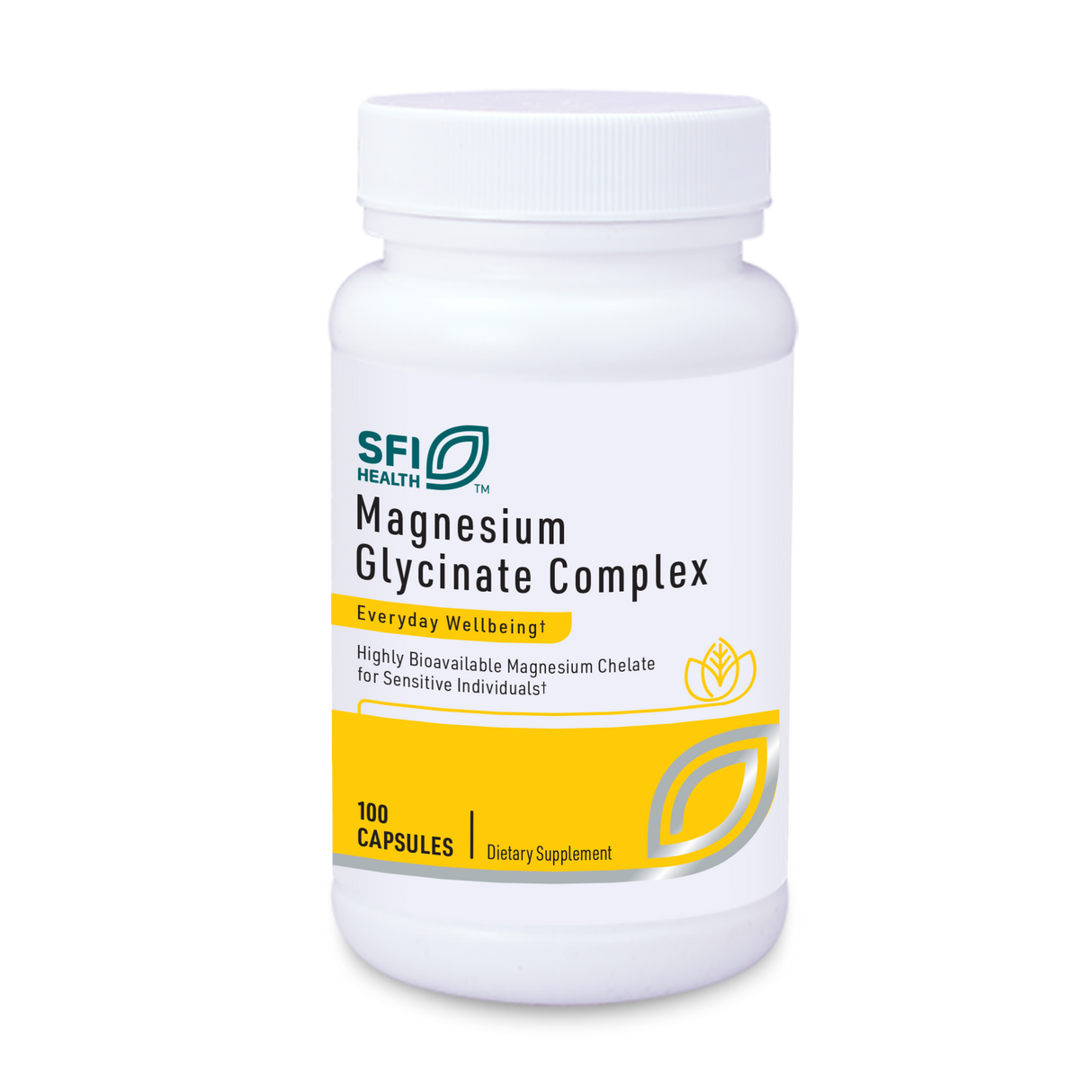 Das Bild zeigt eine weiße Plastikflasche mit einem Schraubverschluss, auf der "SFI Health Magnesium Glycinate Complex" steht. Die Flasche hat ein gelbes Etikett mit dem Text "Everyday Wellbeing" und enthält 100 Kapseln. Sie ist für empfindliche Personen geeignet und bietet hoch bioverfügbares Magnesium-Chelat.