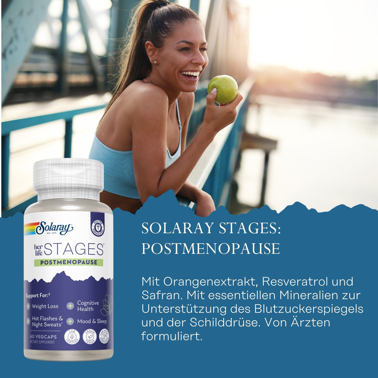 Eine Frau im Sportoutfit isst lächelnd einen grünen Apfel auf einer Brücke. Im Vordergrund ist eine Flasche Solaray Stages Postmenopause Nahrungsergänzungsmittel abgebildet. Der Hintergrund zeigt eine verschwommene Flusslandschaft bei Sonnenuntergang. Auf der Flasche steht, dass sie Orangenextrakt, Resveratrol und Safran enthält und zur Unterstützung des Blutzuckerspiegels und der Schilddrüse dient.