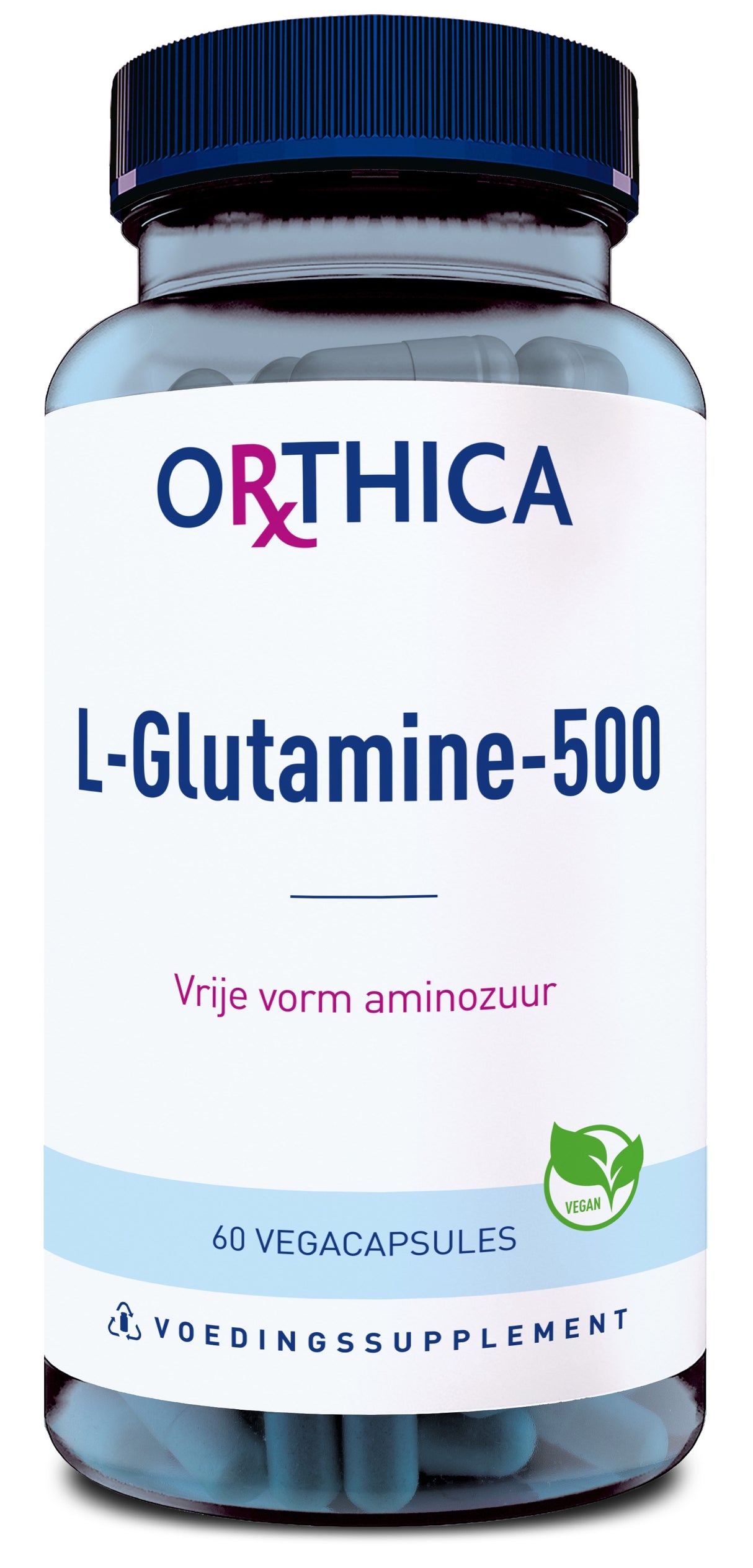 Die Abbildung zeigt eine Flasche des Nahrungsergänzungsmittels „Orthica L-Glutamine-500“. Die Flasche ist blau mit einem weißen Etikett, auf dem der Produktname und die Angabe „60 Vegacapsules“ zu sehen sind. Das Etikett enthält auch ein grünes Logo mit der Aufschrift „Vegan“.