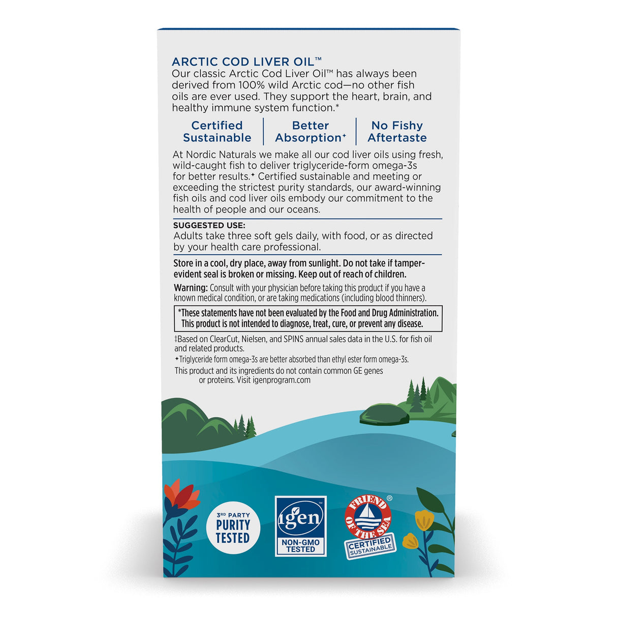 Die Verpackung von Arctic Cod Liver Oil von Nordic Naturals zeigt Textinformationen über das Produkt. Es wird aus 100% wild gefangenem arktischem Kabeljau gewonnen und unterstützt Herz, Gehirn und Immunsystem. Die Packung betont zertifizierte Nachhaltigkeit, bessere Absorption und keinen fischigen Nachgeschmack. Es gibt Anweisungen zur Einnahme und Lagerung, sowie Warnhinweise. Unten sind Logos für Reinheits- und Nachhaltigkeitszertifikate, umgeben von einer Illustration von Bergen und Bäumen.