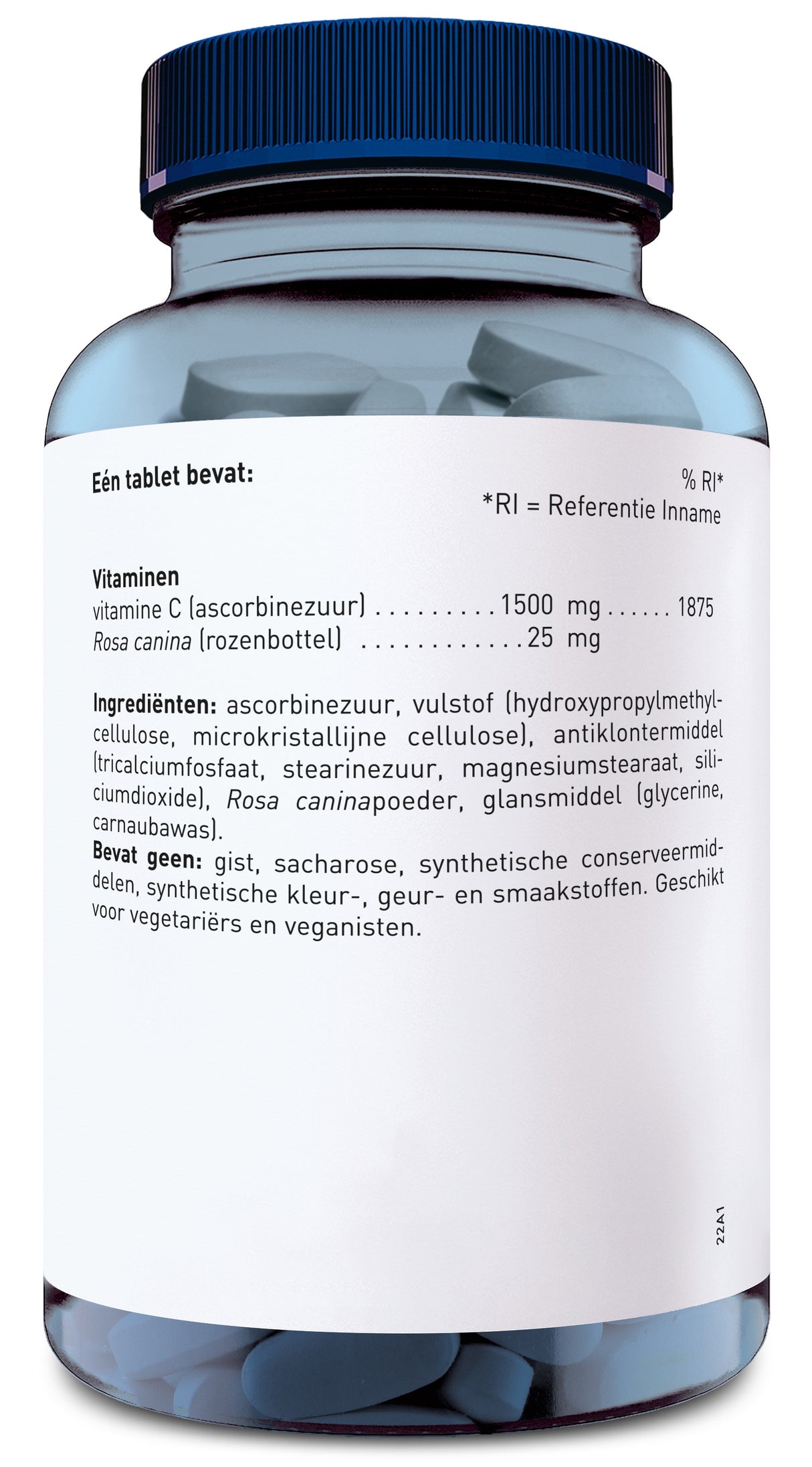 Ein blaues Glas mit einem Schraubverschluss, das Tabletten enthält. Auf dem Etikett steht die Zusammensetzung: Vitamin C (1500 mg) und Rosa canina (25 mg). Es sind keine künstlichen Farb-, Geschmacks- oder Konservierungsstoffe enthalten. Das Produkt ist für Vegetarier und Veganer geeignet.