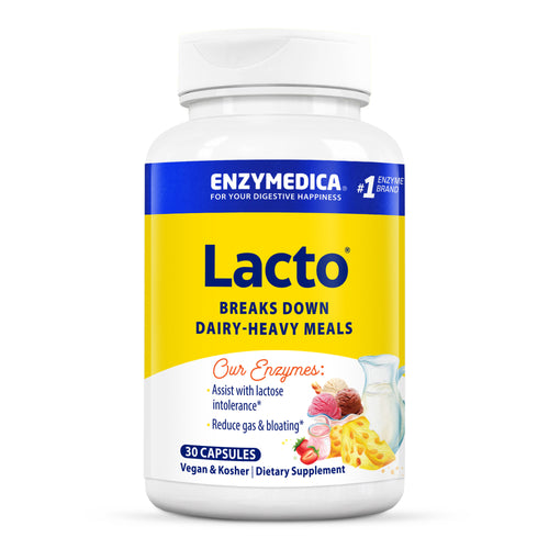Eine Flasche mit Enzympräparat 'Lacto' von Enzymedica, zur Unterstützung bei laktosehaltigen Mahlzeiten. Enthält 30 vegane und koschere Kapseln.