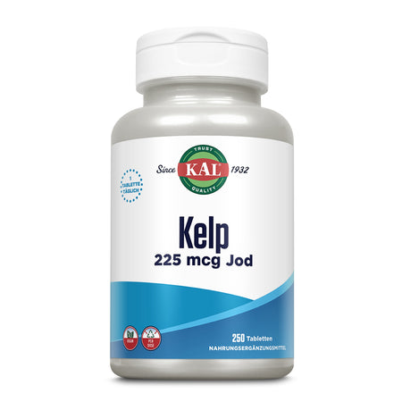 Das Bild zeigt eine weiße Plastikflasche mit einem Schraubverschluss, die Nahrungsergänzungsmittel enthält. Auf dem Etikett steht "KAL Kelp 225 mcg Jod". Die Flasche enthält 250 Tabletten. Das Etikett ist blau-weiß mit einem grünen und roten Logo.