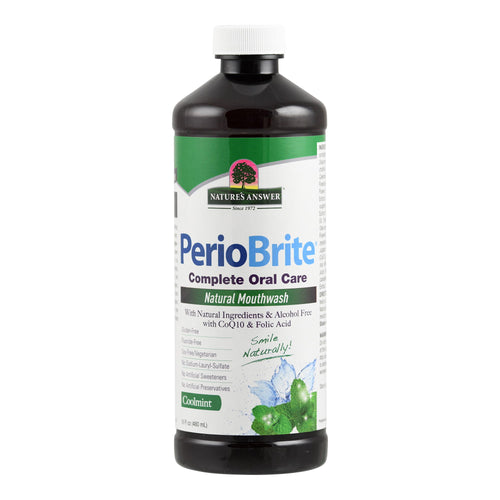 Eine Flasche PerioBrite Mundspülung von Nature's Answer ist abgebildet. Die Flasche ist dunkel mit einem weißen Deckel und einem grünen Etikett. Auf dem Etikett steht 'PerioBrite Complete Oral Care Natural Mouthwash'.