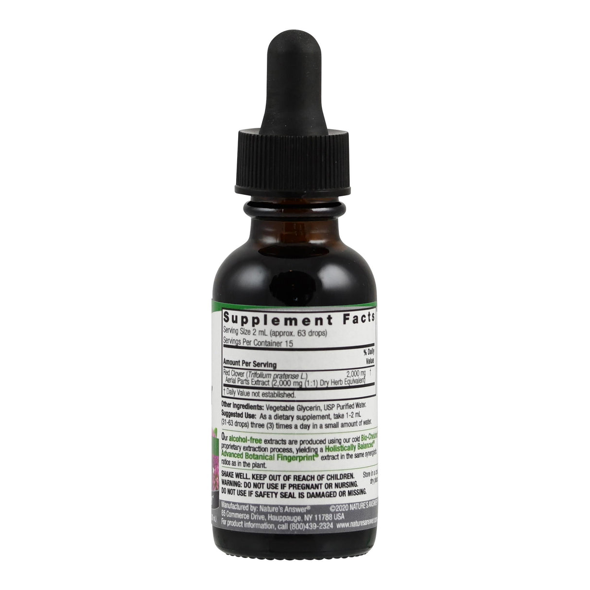 Eine braune Glasflasche mit Pipette, die ein Nahrungsergänzungsmittel enthält. Auf dem Etikett stehen Informationen zu Inhaltsstoffen und Verzehrempfehlungen. Die Flasche steht aufrecht und ist vor einem weißen Hintergrund fotografiert.
