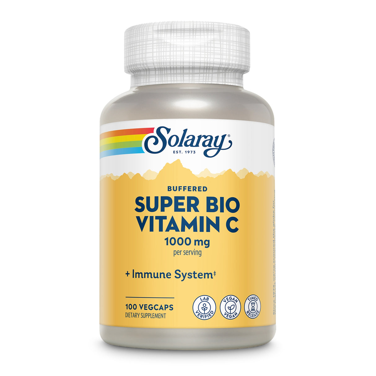 Das Bild zeigt eine Flasche Solaray Super Bio Vitamin C Nahrungsergänzungsmittel mit 1000 mg pro Portion. Die Flasche ist weiß mit einem gelben Etikett, das den Produktnamen und die Dosierung sowie Symbole für vegan, lab-verifiziert und zeitverzögerte Freigabe zeigt.