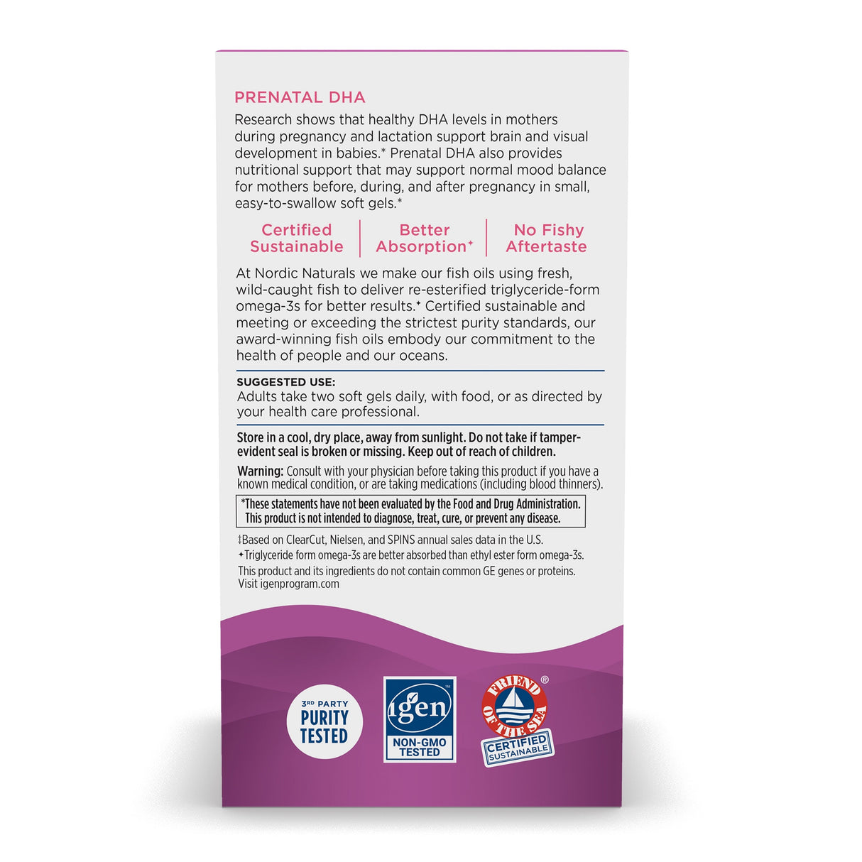 Verpackung von Nordic Naturals Prenatal DHA. Enthält Informationen über DHA-Vorteile, nachhaltige Fischöle, Einnahmehinweise und Warnungen.