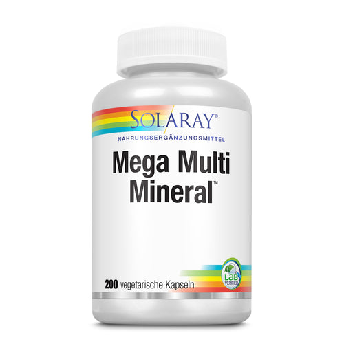 Eine weiße Flasche mit der Aufschrift 'Solaray Mega Multi Mineral'. Die Flasche hat ein Regenbogen-Design am oberen Rand. Unten steht '200 vegetarische Kapseln'. Ein grünes Lab-Verified-Siegel ist sichtbar.