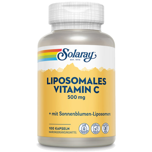 Das Bild zeigt eine Flasche Solaray Liposomales Vitamin C mit 500 mg, verpackt in einer gelben und weißen Plastikflasche. Auf der Flasche steht „mit Sonnenblumen-Liposomen“. Es sind 100 Kapseln enthalten. Die Flasche ist mit Lab-Verified, Vegan und Gluten-Free Symbolen versehen.