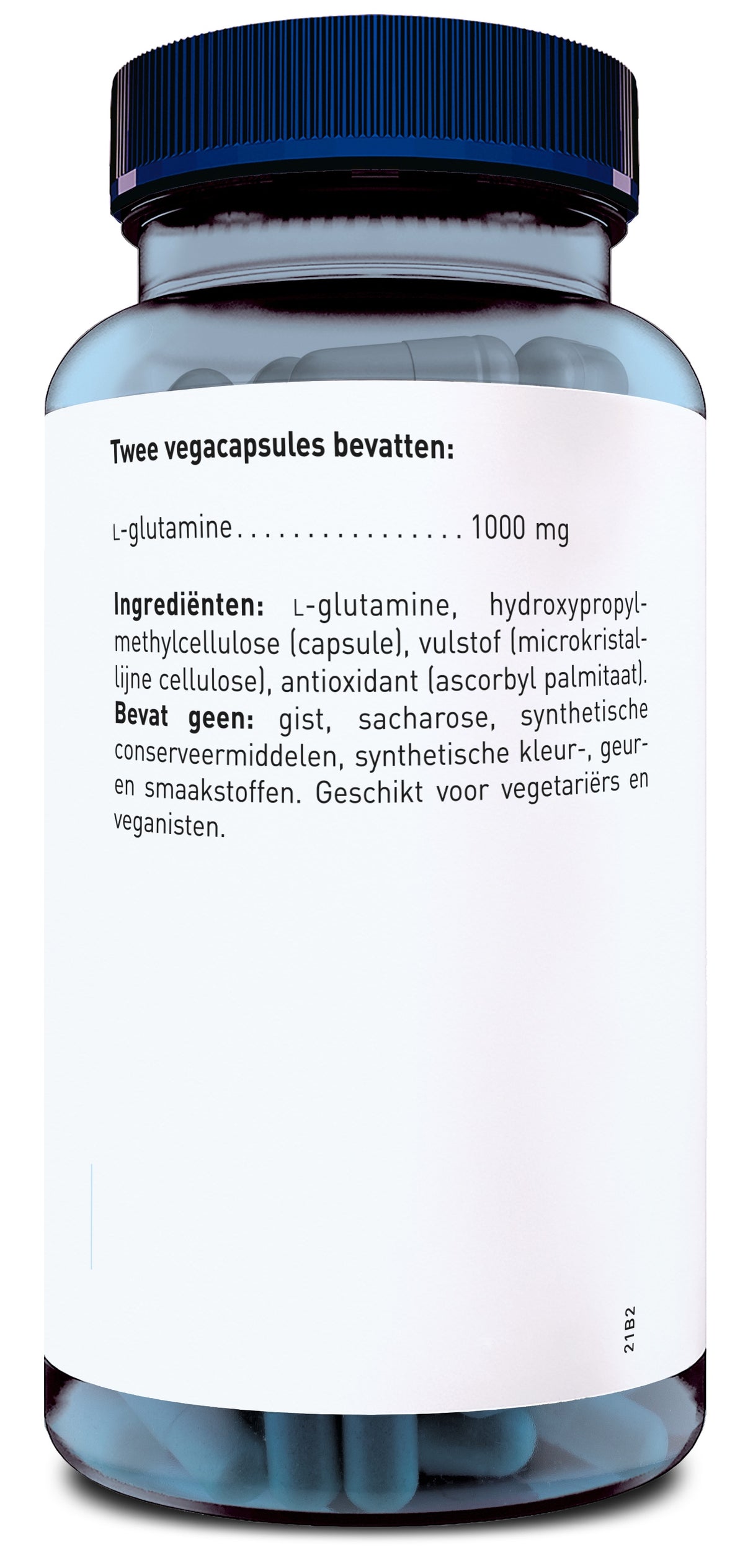 Das Bild zeigt eine Flasche mit einem Etikett, auf dem die Inhaltsstoffe von Vegakapseln aufgelistet sind. Die Kapseln enthalten L-Glutamin und sind frei von Hefe, Saccharose, synthetischen Konservierungs- und Farbstoffen. Sie sind für Vegetarier und Veganer geeignet.
