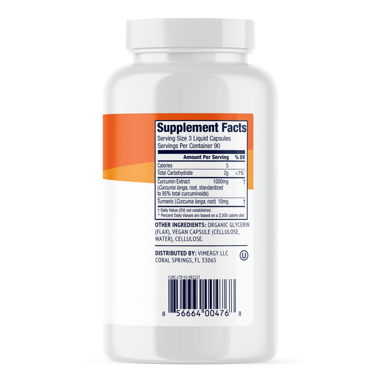 Das Bild zeigt eine weiße Flasche mit einem Etikett, das die Nährwertangaben eines Nahrungsergänzungsmittels enthält. Das Etikett listet Inhaltsstoffe wie Curcumin-Extrakt und Kurkuma auf. Die Flasche hat einen Barcode und wird von Vimergy LLC vertrieben.