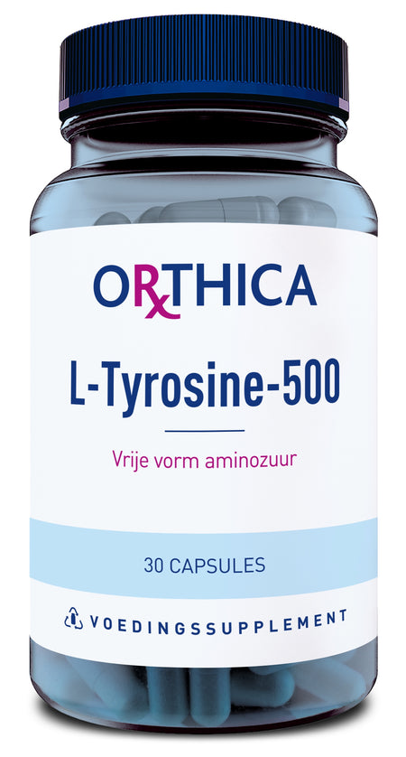 Ein Glasbehälter mit einem blauen Deckel enthält 30 Kapseln. Auf dem Etikett steht 'ORTHICA L-Tyrosine-500', 'Vrije vorm aminozuur' und 'VOEDINGSSUPPLEMENT'.