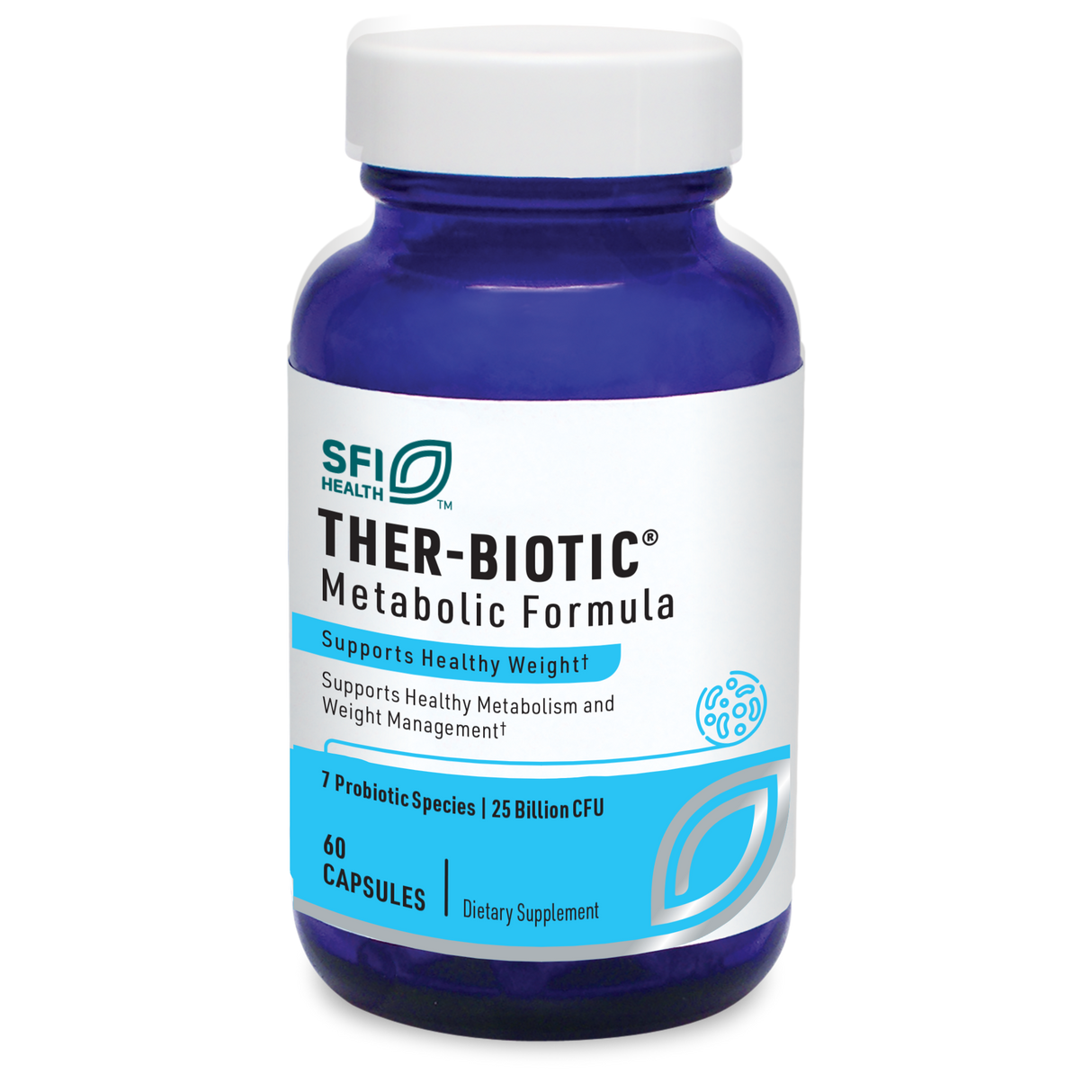 Eine blaue Flasche mit einem weißen Etikett, auf dem "SFI Health THER-BIOTIC Metabolic Formula" steht. Die Flasche enthält 60 Kapseln und unterstützt den gesunden Stoffwechsel und das Gewichtsmanagement. Auf dem Etikett sind 7 probiotische Arten und 25 Milliarden KBE angegeben.