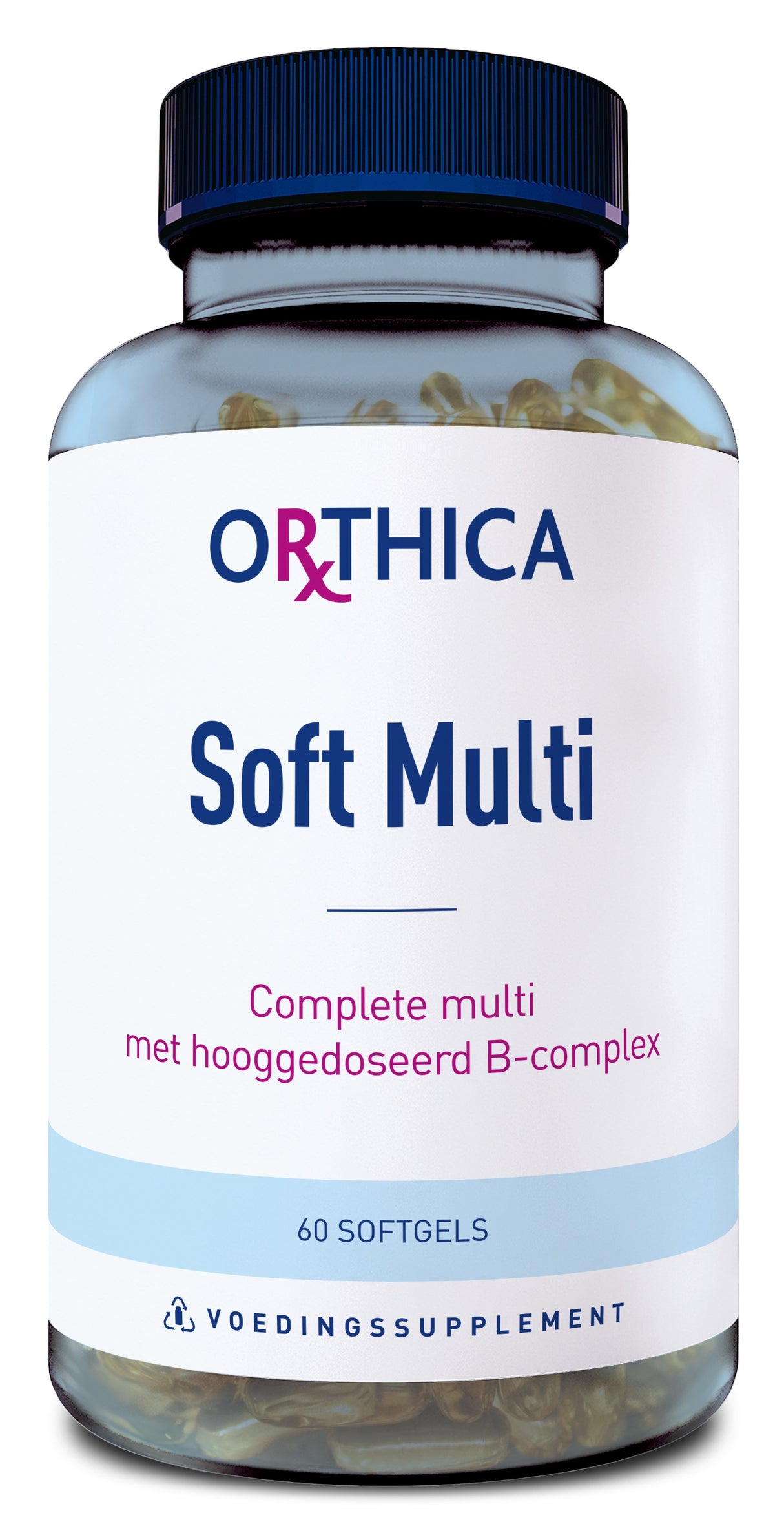 Das Bild zeigt eine Flasche mit Nahrungsergänzungsmitteln der Marke Orthica. Auf dem Etikett steht 'Soft Multi' und 'Complete multi met hooggedoseerd B-complex'. Die Flasche enthält 60 Softgels und ist als 'Voedingssupplement' gekennzeichnet.