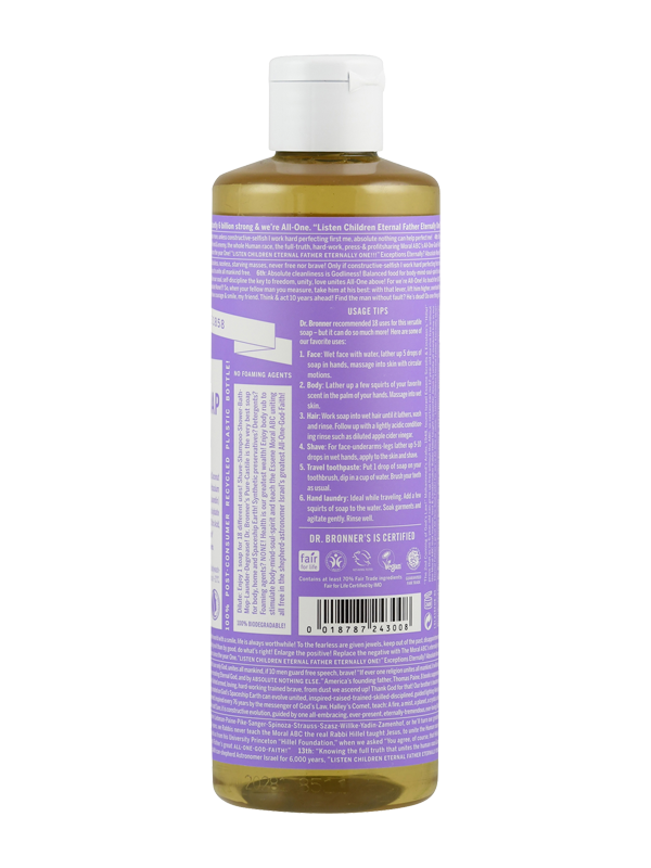 Eine Flasche flüssige Seife von Dr. Bronner's mit Lavendelduft. Die Flasche ist transparent mit einem lila Etikett, auf dem Anwendungshinweise und Zertifizierungen zu sehen sind. Der Verschluss ist weiß. Die Flasche steht aufrecht.