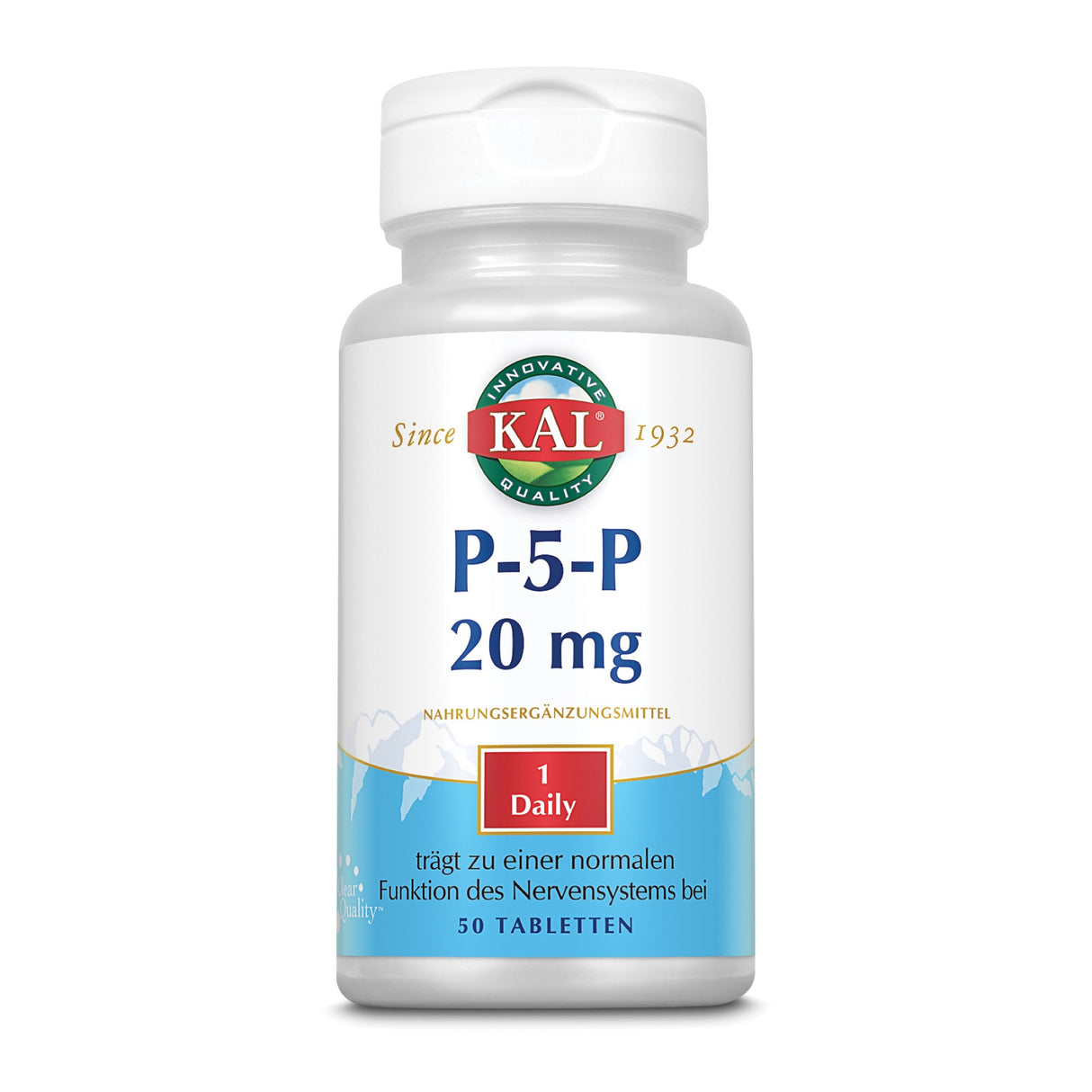 Weiße Flasche mit Etikett "KAL P-5-P 20 mg", Nahrungsergänzungsmittel, 50 Tabletten, unterstützt Nervensystem, 1 täglich.