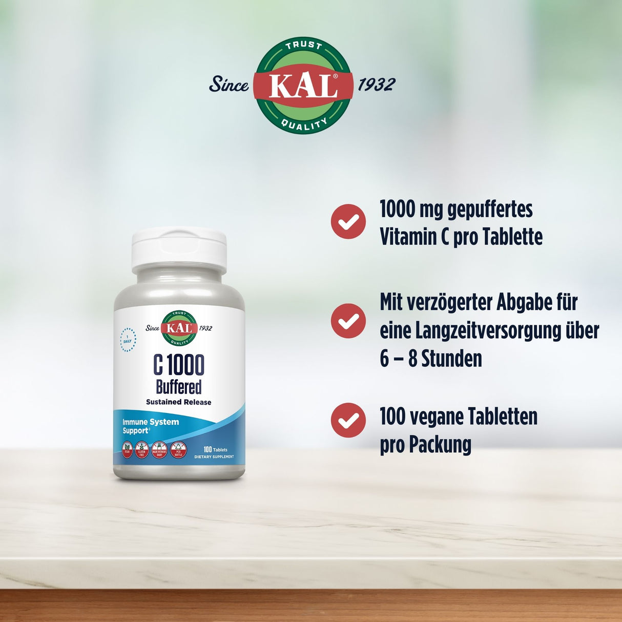 Vitamin C Nahrungsergänzungsmittel von KAL mit 1000 mg pro Tablette, verzögerter Freisetzung über 6–8 Stunden, 100 vegane Tabletten pro Packung.