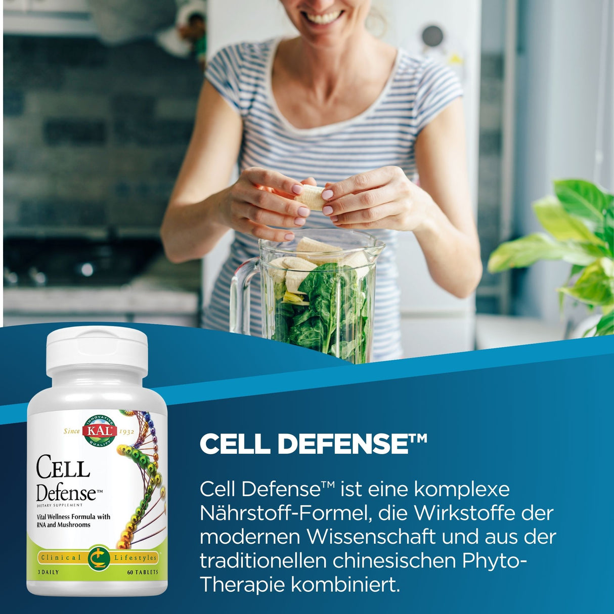 Eine Frau in einem gestreiften T-Shirt steht in einer modernen Küche und fügt Bananenstücke in einen Mixer, der mit Spinat gefüllt ist. Vorne im Bild ist eine Packung "Cell Defense" Nahrungsergänzungsmittel zu sehen. Der Text beschreibt die Vorteile des Produkts als eine Kombination aus moderner Wissenschaft und traditioneller chinesischer Phytotherapie.