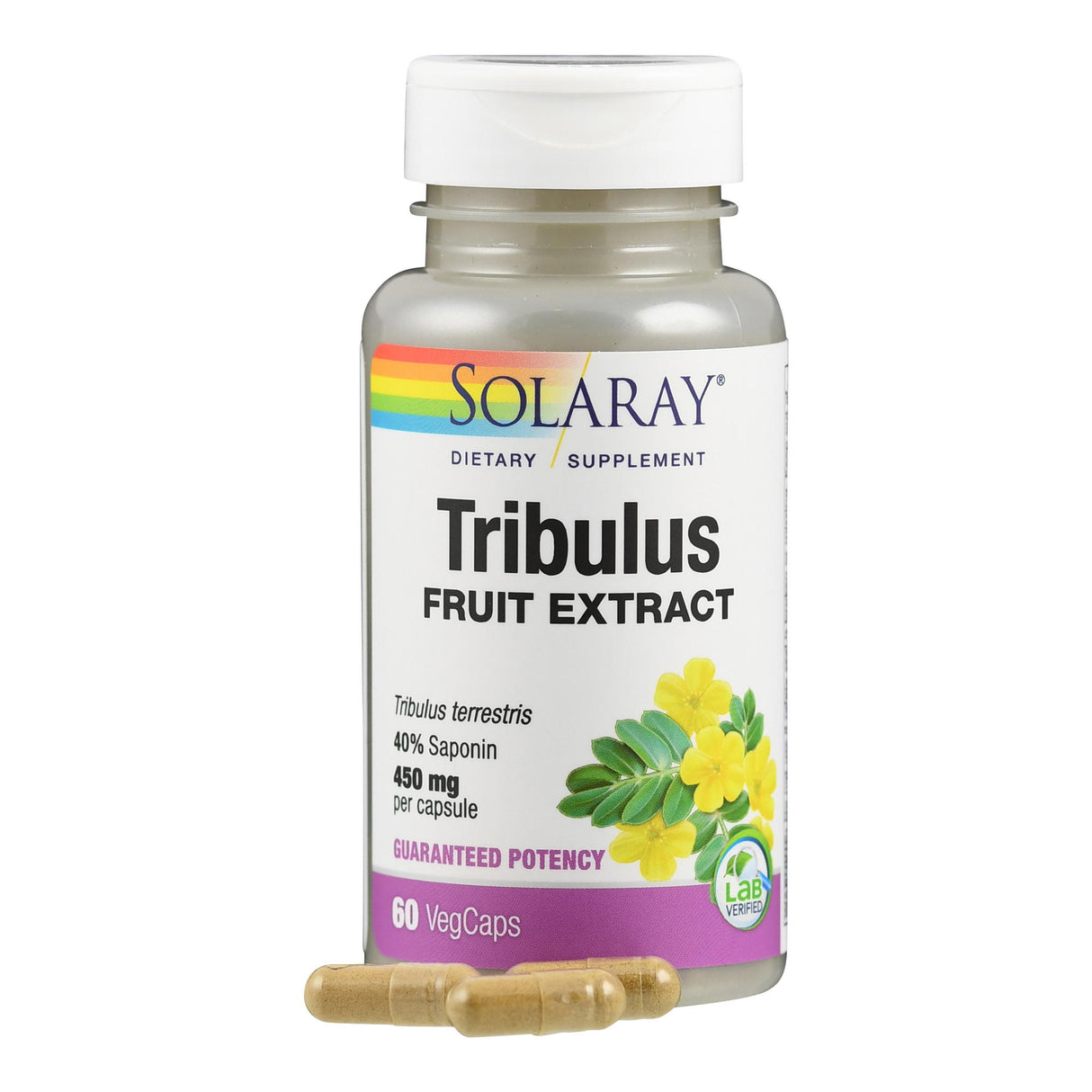Die Abbildung zeigt eine Flasche Solaray Tribulus Fruit Extract Nahrungsergänzungsmittel. Die Flasche ist weiß mit einem bunten Etikett und enthält 60 VegCaps. Vor der Flasche liegen zwei Kapseln. Das Produkt enthält 40% Saponin und 450 mg pro Kapsel.