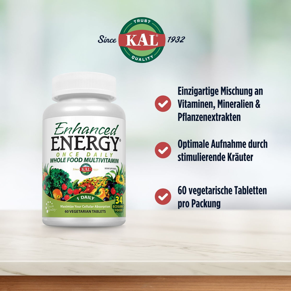 Werbung für ein Multivitaminpräparat von KAL mit 60 vegetarischen Tabletten. Enthält Vitamine, Mineralien und Kräuter für optimale Aufnahme.