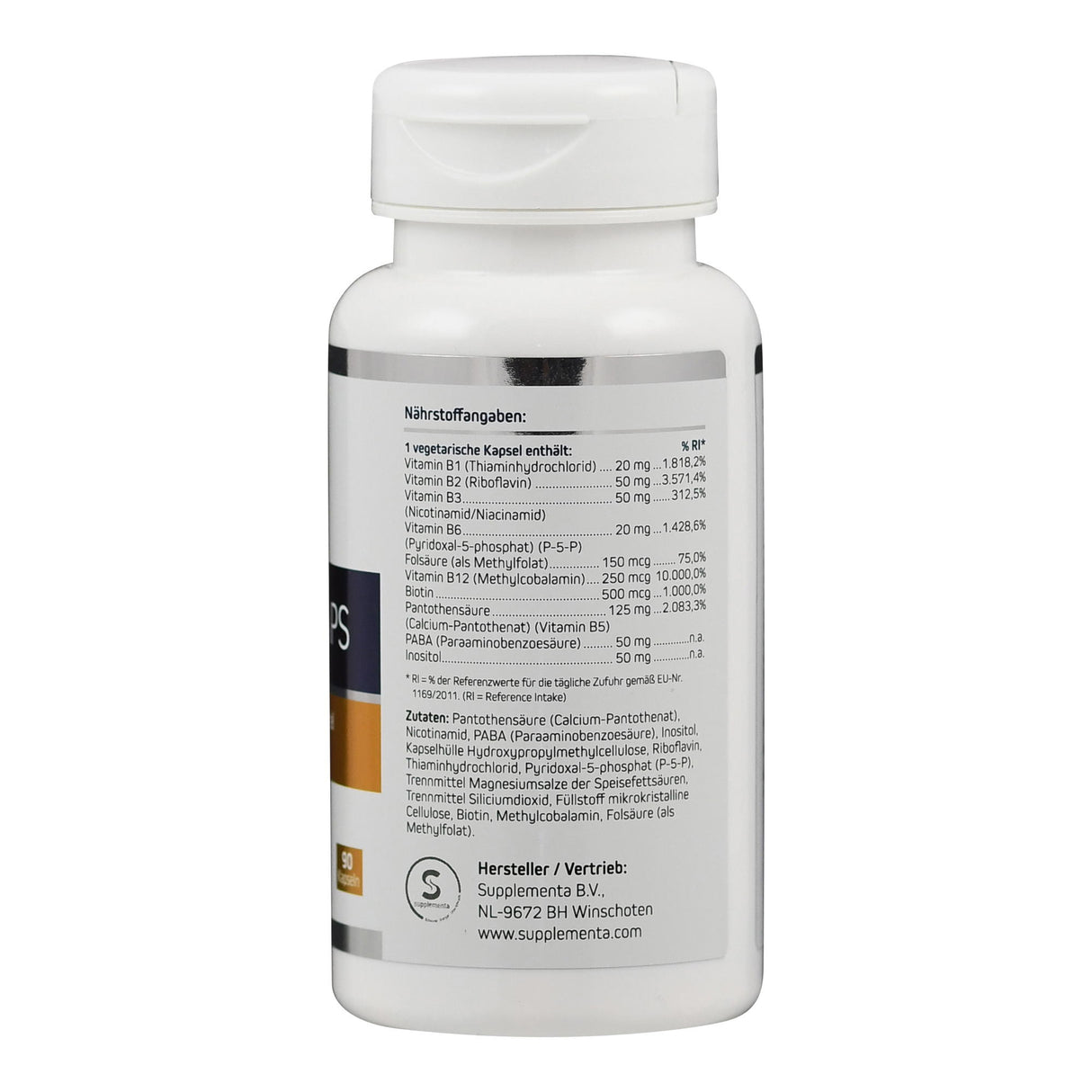 Weiße Flasche mit Etikett, das Nährstoffangaben und Zutatenliste zeigt. Enthält verschiedene Vitamine und andere Nährstoffe.