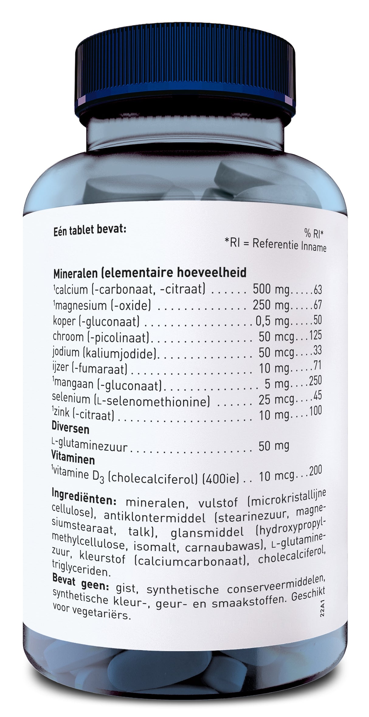 Eine blaue Flasche mit einem weißen Etikett, das eine Liste von Inhaltsstoffen und Nährwerten zeigt. Die Flasche enthält Tabletten und hat einen dunkelblauen Schraubverschluss. Auf dem Etikett sind verschiedene Mineralien und Vitamine aufgelistet, darunter Calcium, Magnesium und Vitamin D3. Die Beschriftung ist in niederländischer Sprache.