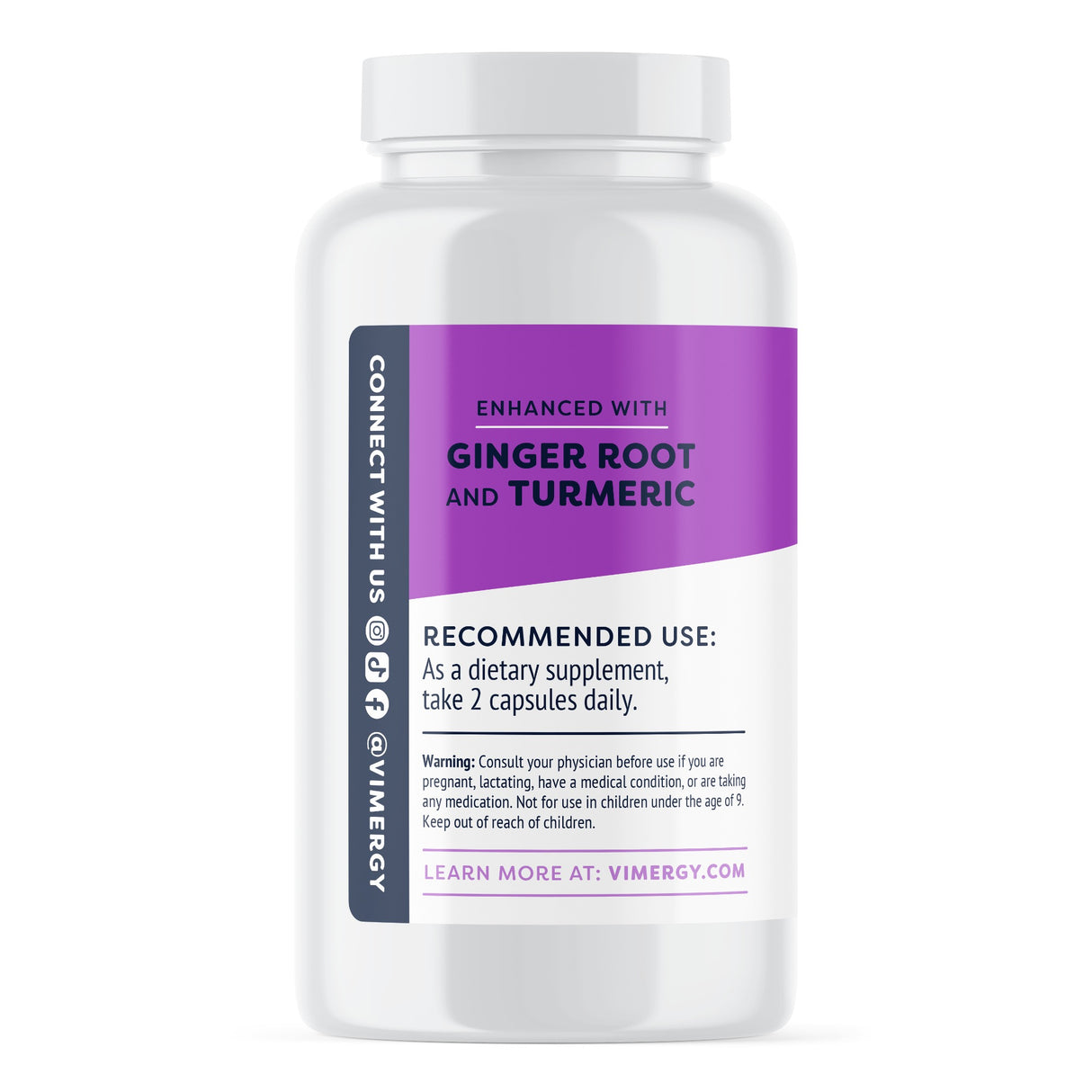Ein weißes Nahrungsergänzungsmittel-Fläschchen mit lila Etikett. Aufschrift: "Enhanced with Ginger Root and Turmeric". Empfohlene Anwendung: 2 Kapseln täglich. Warnhinweis und Kontaktinformationen auf der Seite.