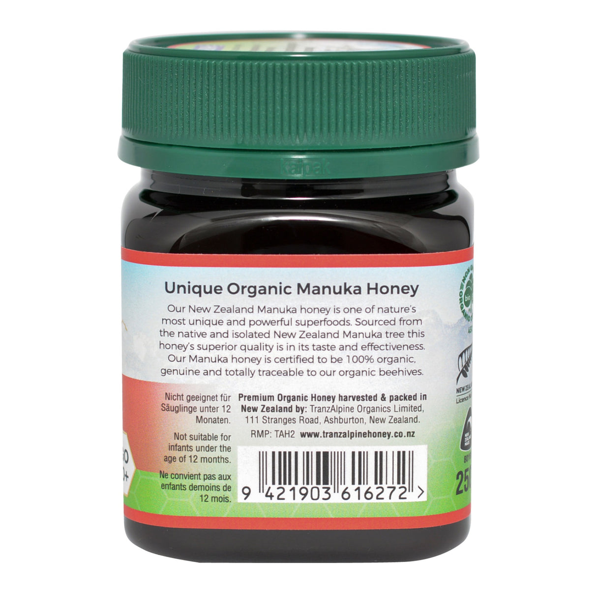 Glas mit grünem Deckel, Etikett "Unique Organic Manuka Honey". Herkunft Neuseeland. Warnhinweis für Säuglinge unter 12 Monaten. 250g.