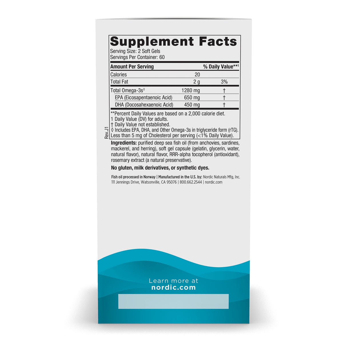 Nahrungsergänzungsmittel-Etikett mit Angaben zu Omega-3, Kalorien, Zutaten und Hersteller. Keine Gluten, Milchderivate oder synthetische Farbstoffe.