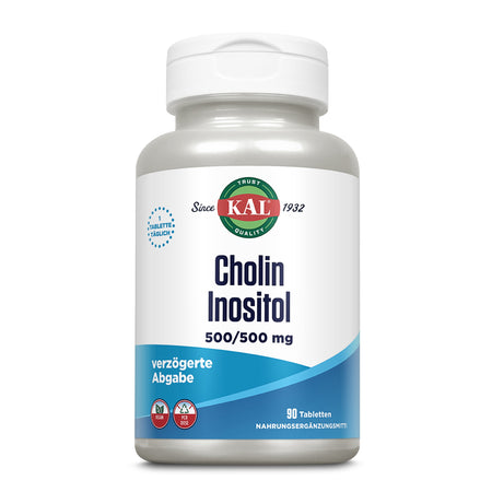 Eine weiße Plastikflasche mit einem Etikett, auf dem 'KAL Cholin Inositol 500/500 mg' steht. Die Flasche enthält 90 Tabletten mit verzögerter Abgabe. Das Etikett zeigt auch Symbole für vegan und PCR-Dose.