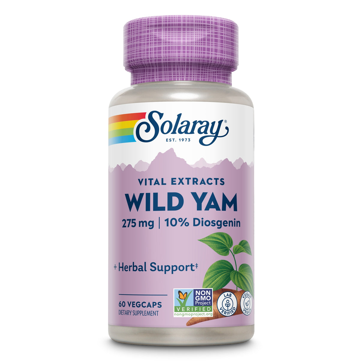 Eine Flasche mit Nahrungsergänzungsmitteln von Solaray, Vital Extracts Wild Yam, 275 mg, 10% Diosgenin. Die Flasche ist lila mit einem Etikett, das Blätter zeigt. Enthält 60 VegCaps. Auf dem Etikett sind Symbole für Non-GMO und Laborgeprüft.