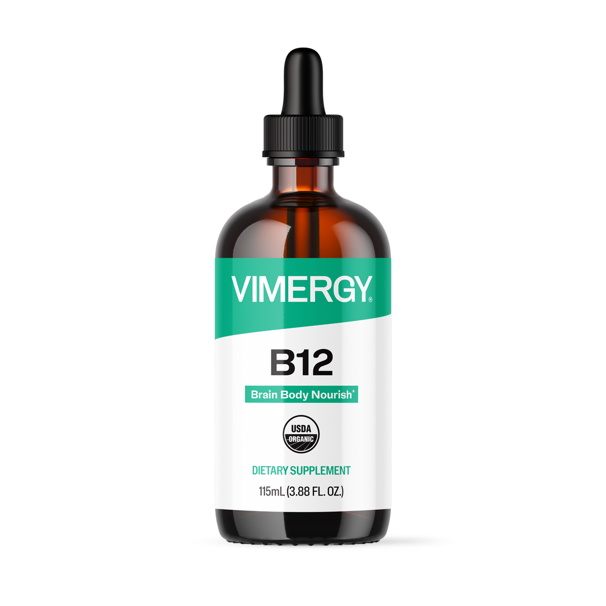 Ein braunes Glasfläschchen mit Pipette, auf dem Etikett steht 'Vimergy B12'. Das Etikett ist grün und weiß, mit dem Text 'Brain Body Nourish' und 'USDA Organic'.