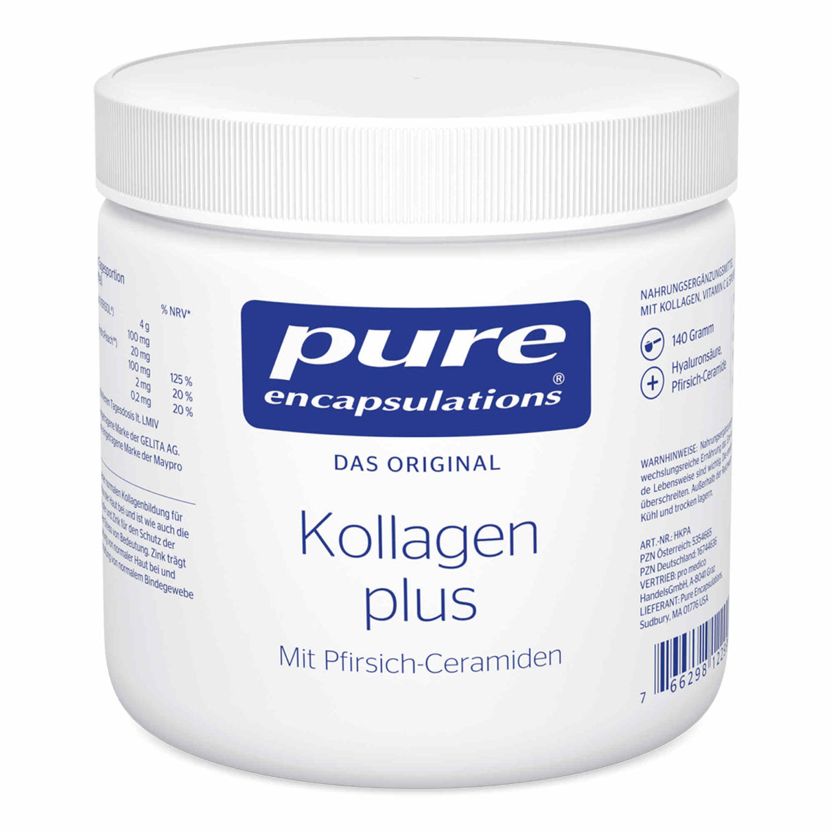Eine weiße Plastikdose mit dem blauen Logo "pure encapsulations" und der Aufschrift "Kollagen plus". Auf dem Etikett sind außerdem "Das Original" und "Mit Pfirsich-Ceramiden" zu lesen. Die Dose enthält 140 Gramm und ist als Nahrungsergänzungsmittel mit Kollagen, Vitamin C und Hyaluronsäure gekennzeichnet. Auf der Seite sind detaillierte Nährwertangaben und Hinweise zur Anwendung abgedruckt.