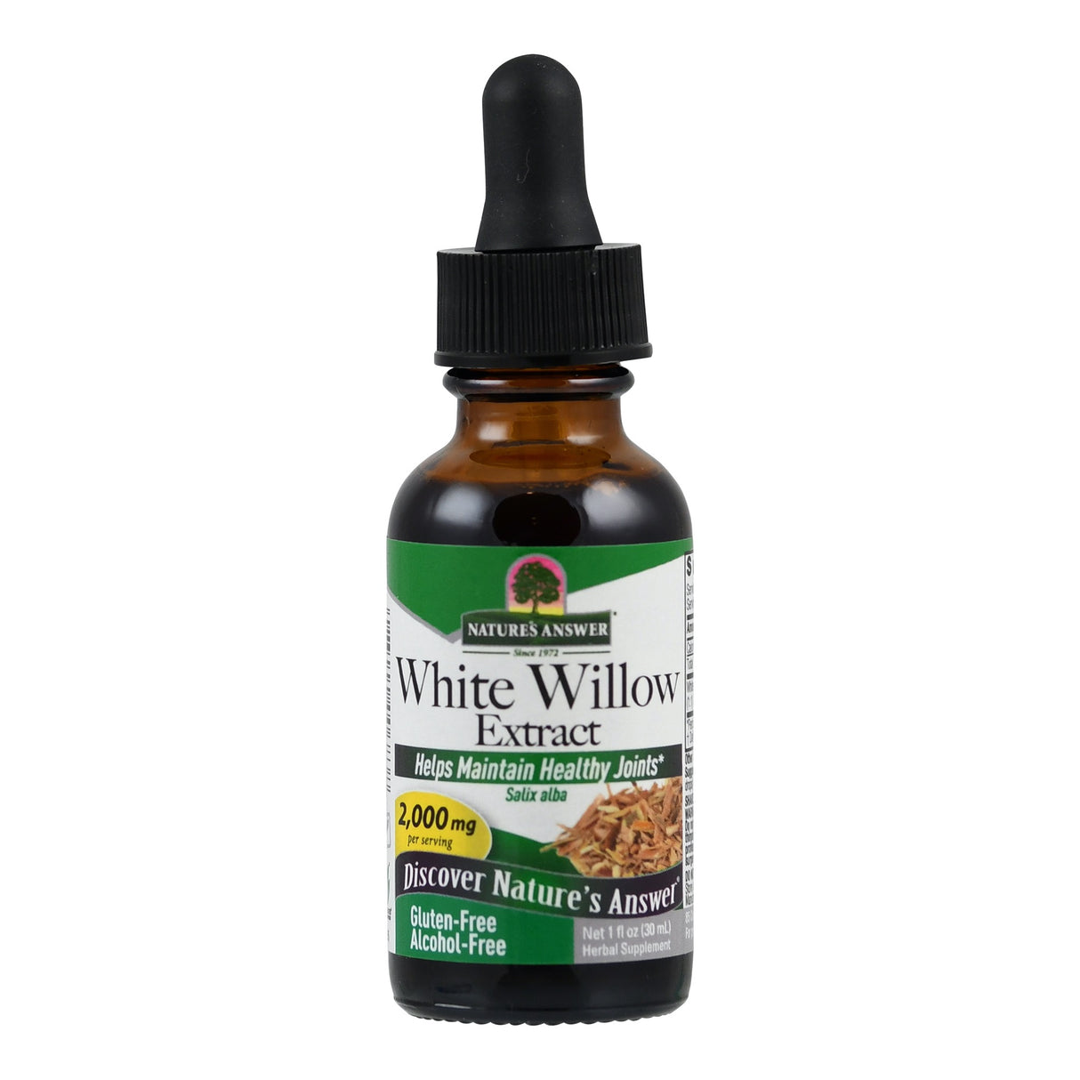 Eine braune Flasche mit einem schwarzen Tropfverschluss. Auf dem Etikett steht 'Nature's Answer White Willow Extract'. Es sind Informationen wie '2,000 mg per serving', 'Gluten-Free', 'Alcohol-Free' und 'Helps Maintain Healthy Joints' zu sehen. Das Etikett zeigt auch ein Bild von Weidenrinde und den wissenschaftlichen Namen 'Salix alba'.