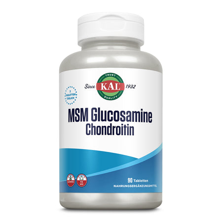 Eine weiße Plastikflasche mit einem Etikett, das "KAL MSM Glucosamine Chondroitin" zeigt. Die Flasche ist mit blauen und roten Akzenten gestaltet und enthält 90 Tabletten. Auf dem Etikett sind auch Symbole für glutenfrei und recycelbare Dose zu sehen.