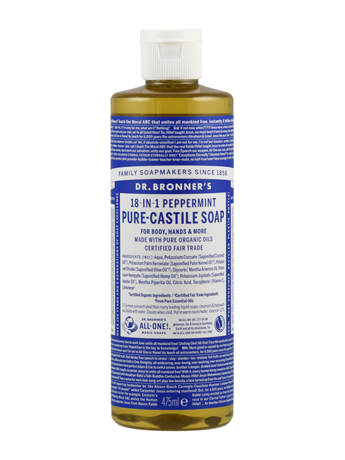 Eine Flasche Dr. Bronner's 18-in-1 Pfefferminzseife. Die Flasche ist transparent mit einem blauen Etikett, das detaillierte Informationen über das Produkt enthält. Die Seife ist für den Körper, Hände und mehr geeignet und aus biologischen Ölen hergestellt. Das Etikett betont die Fair-Trade-Zertifizierung und die Vielseitigkeit des Produkts. Das Volumen beträgt 475 ml.