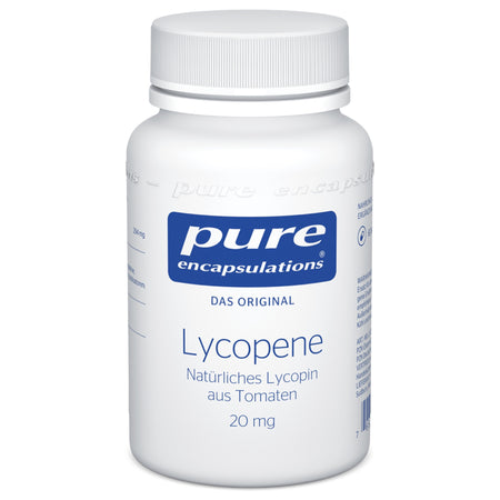 Ein weißes Fläschchen mit der Aufschrift 'pure encapsulations' und 'Lycopene Natürliches Lycopin aus Tomaten 20 mg'. Das Etikett ist blau und weiß gehalten. Die Flasche steht vor einem neutralen Hintergrund.