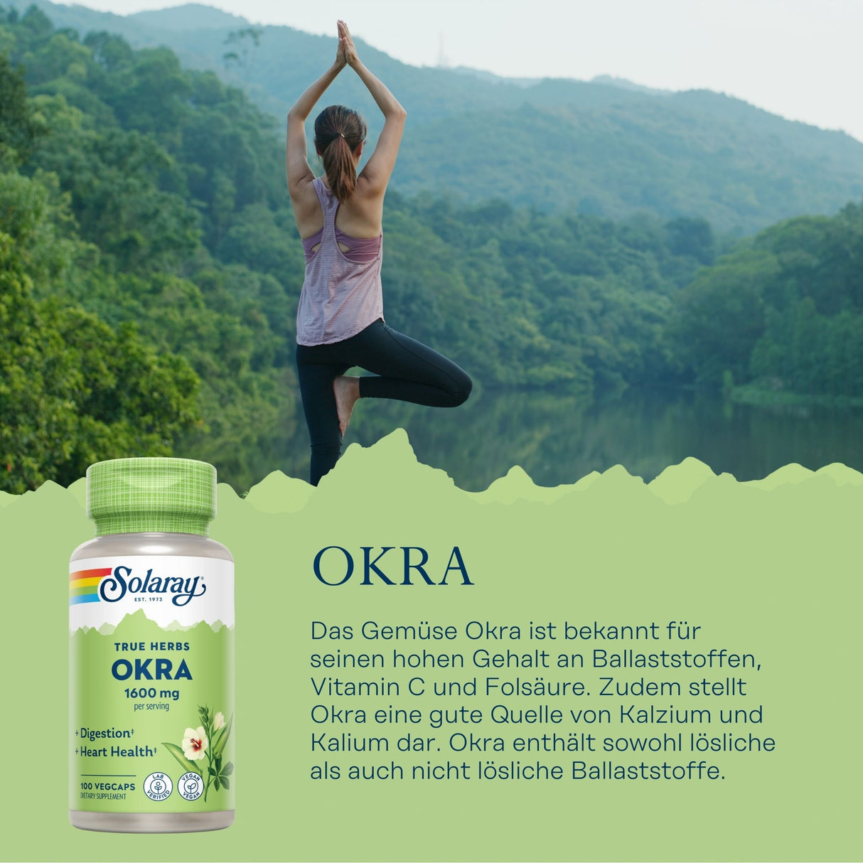 Frau macht Yoga, grüner Hintergrund, Solaray Okra Nahrungsergänzungsmittel, Text über Okra-Nährstoffe.