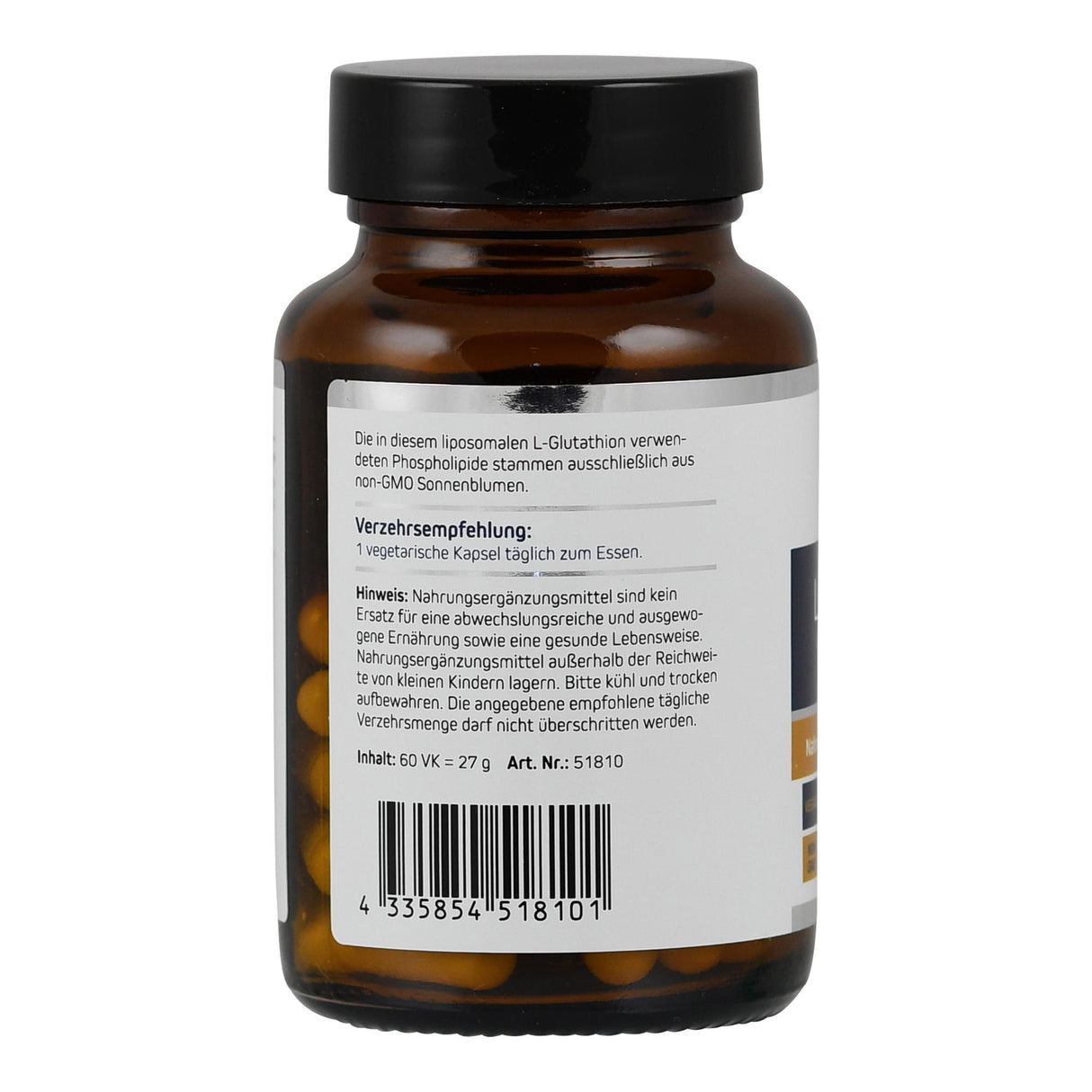 Das Bild zeigt eine braune Glasflasche mit schwarzem Deckel, die Nahrungsergänzungsmittel enthält. Auf dem Etikett sind Informationen zur Verzehrempfehlung und ein Hinweis zu den Inhaltsstoffen. Die Flasche hat einen Barcode und eine Artikelnummer.