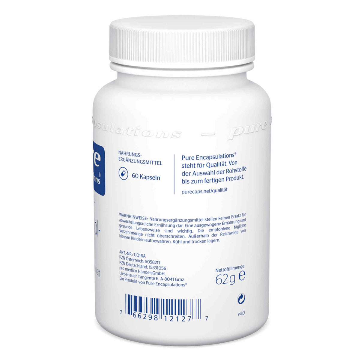 Eine weiße Flasche Nahrungsergänzungsmittel von Pure Encapsulations. Auf dem Etikett stehen Informationen über die Qualität, Inhaltsmenge von 60 Kapseln und Warnhinweise. Der Text ist blau auf weißem Hintergrund.